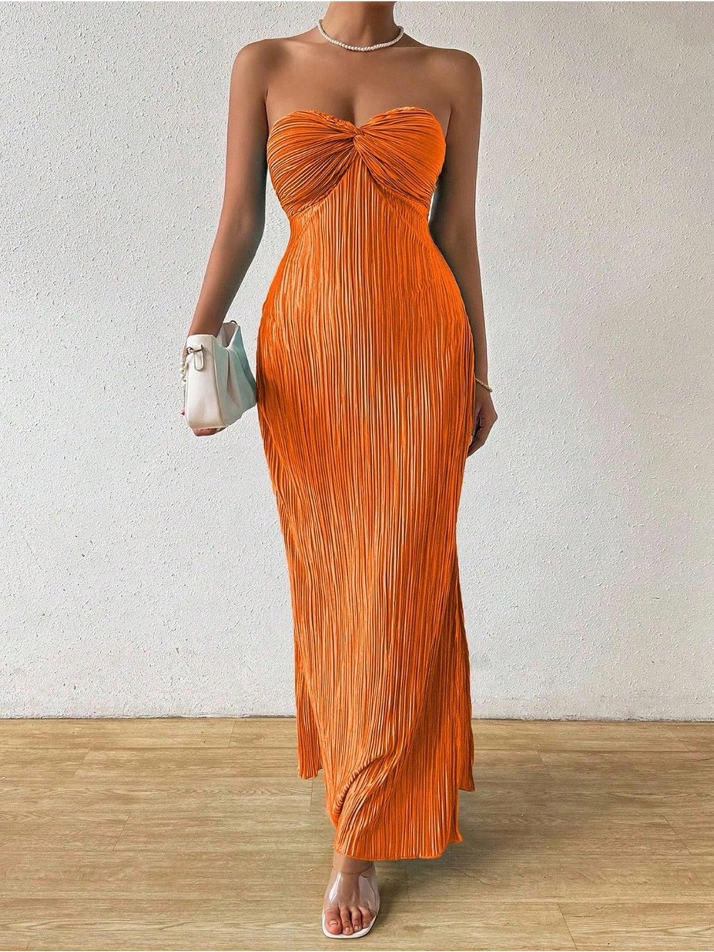 Strapless Orange Pleated Maxi Dress
